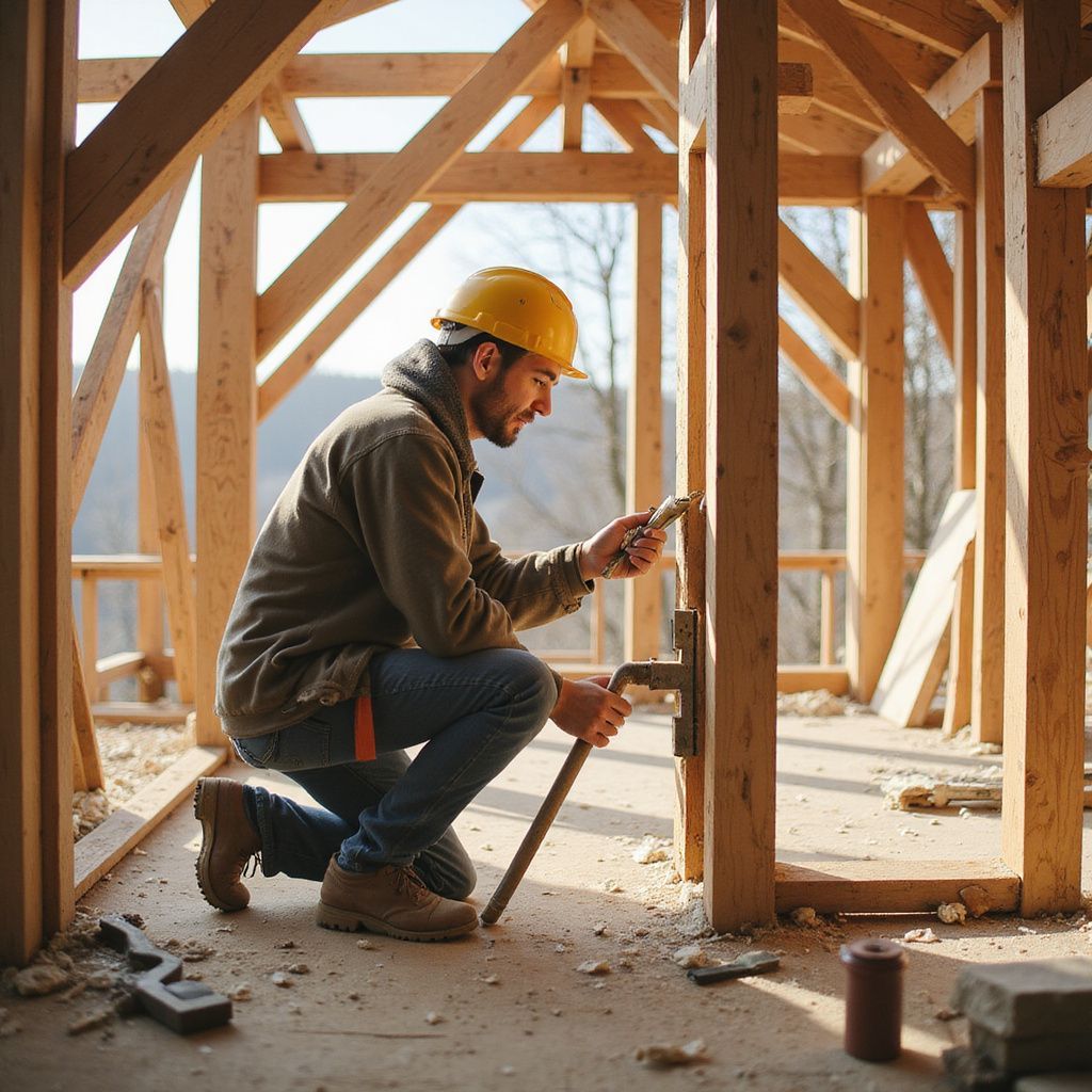 Construction worker using tools to build a wooden frame, wearing a yellow hard hat and jeans.