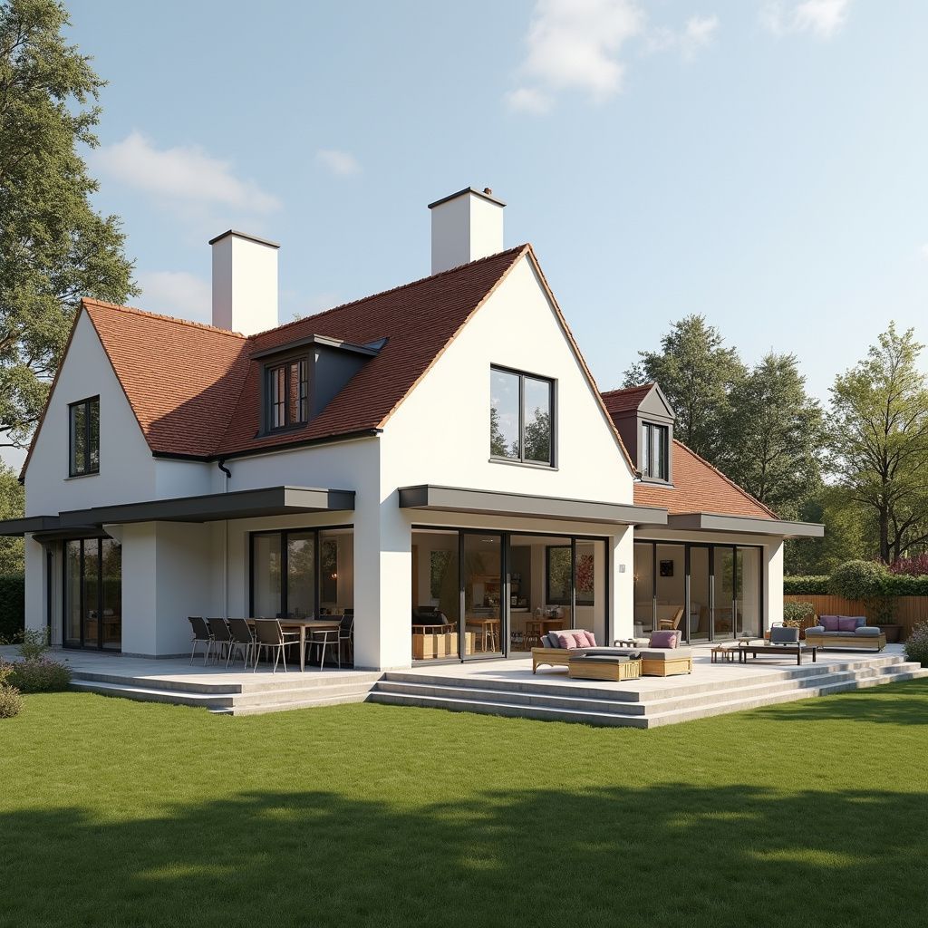 White house with red roof, outdoor seating, and lush green lawn on a sunny day.