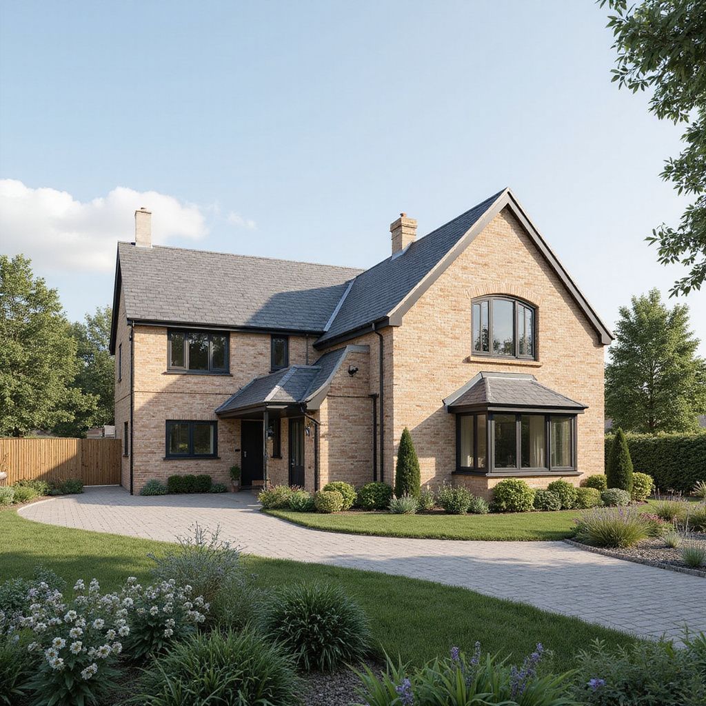 Beige brick house with a gray roof and black trim, set in a landscaped yard with a winding driveway.