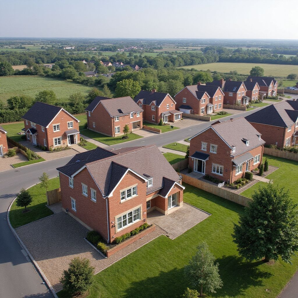 Aerial view of brick homes in a suburban neighborhood surrounded by green fields.