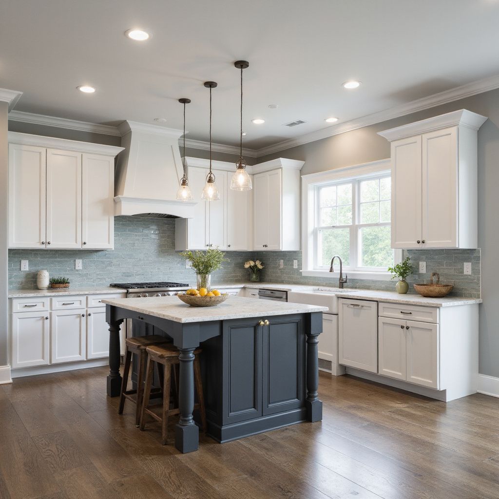 A modern kitchen with white cabinets, a dark blue island, and a light blue backsplash.