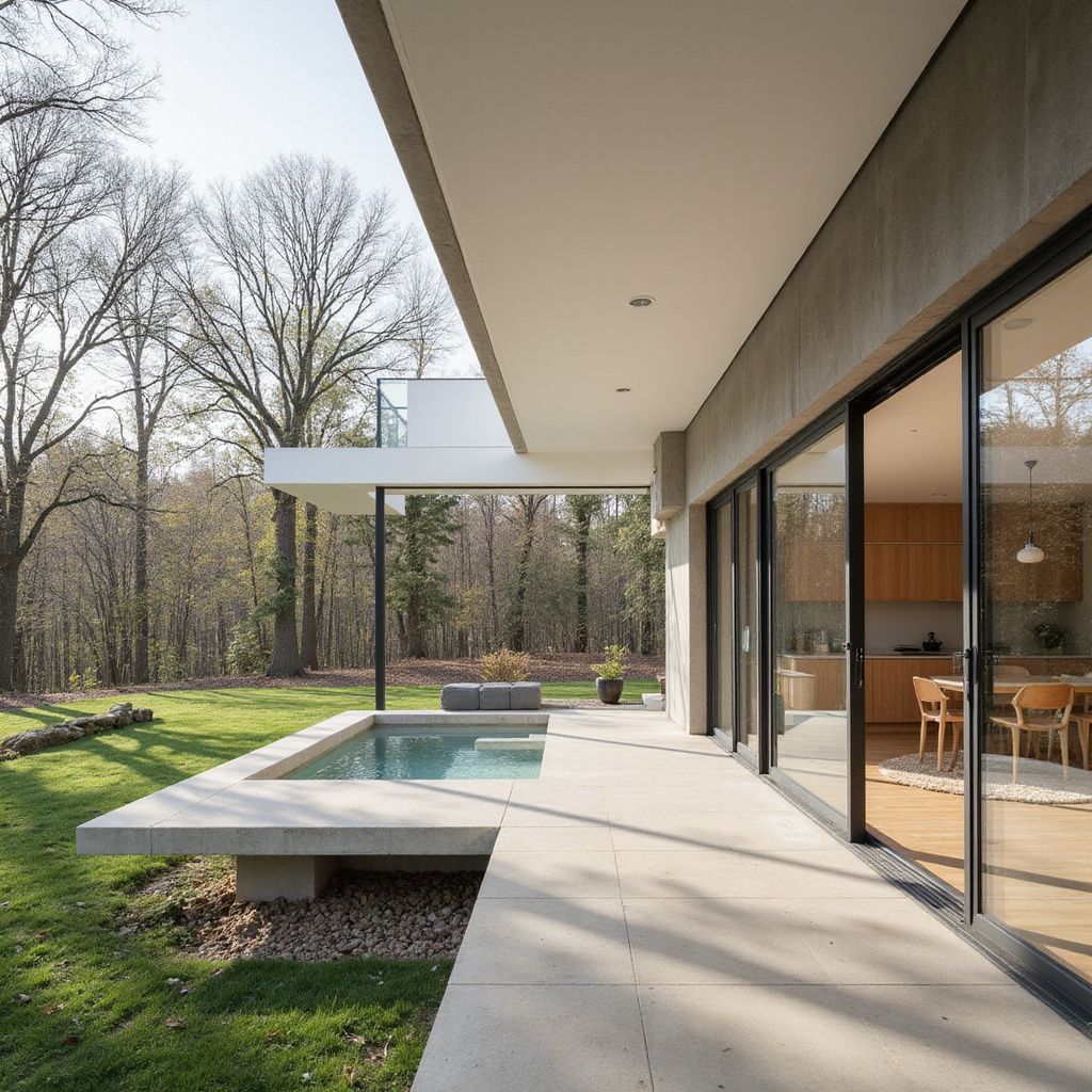 Modern home with pool and large windows overlooking a wooded area.