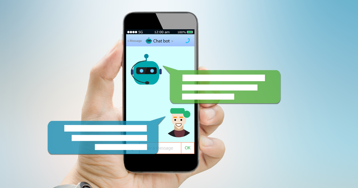 A smartphone screen shows a live chat between a user and a bot, highlighting automated chatbot solutions.