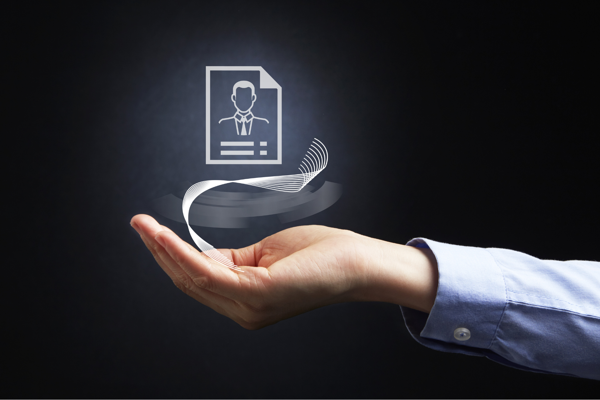 A digital holographic profile icon hovering above an outstretched hand, symbolizing virtual identity and business profile management.