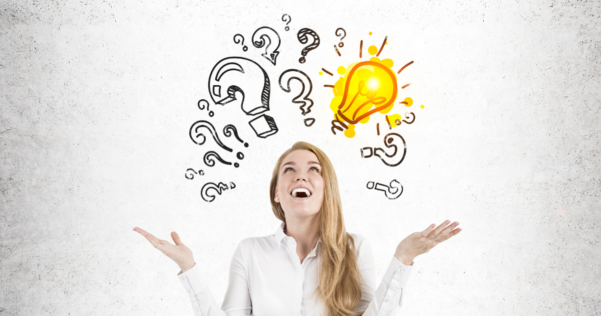 Smiling woman under illustrated question marks and a glowing lightbulb, symbolizing problem-solving and ideas.
