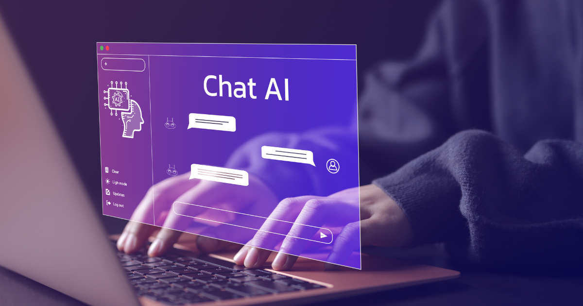 A person types on a laptop with a glowing virtual interface labeled “Chat AI” displaying a conversation screen.