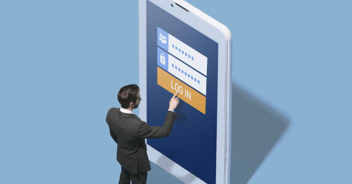A businessman tapping a giant smartphone screen login form, symbolizing mobile-friendly access and security.