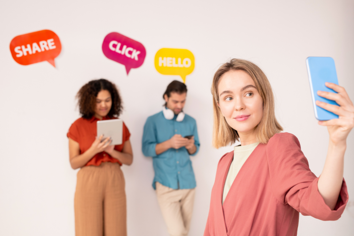 Three people holding phones with callouts saying 