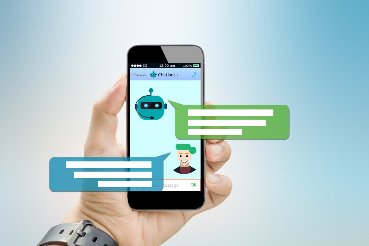 A hand holding a phone showing a chatbot conversation, representing automated chats for capturing targeted leads.