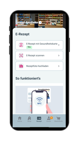 Meine Apotheken App. Auf dem Bild ist eine Illustration zu sehen mit einem Handy, auf dem die App zu sehen ist.