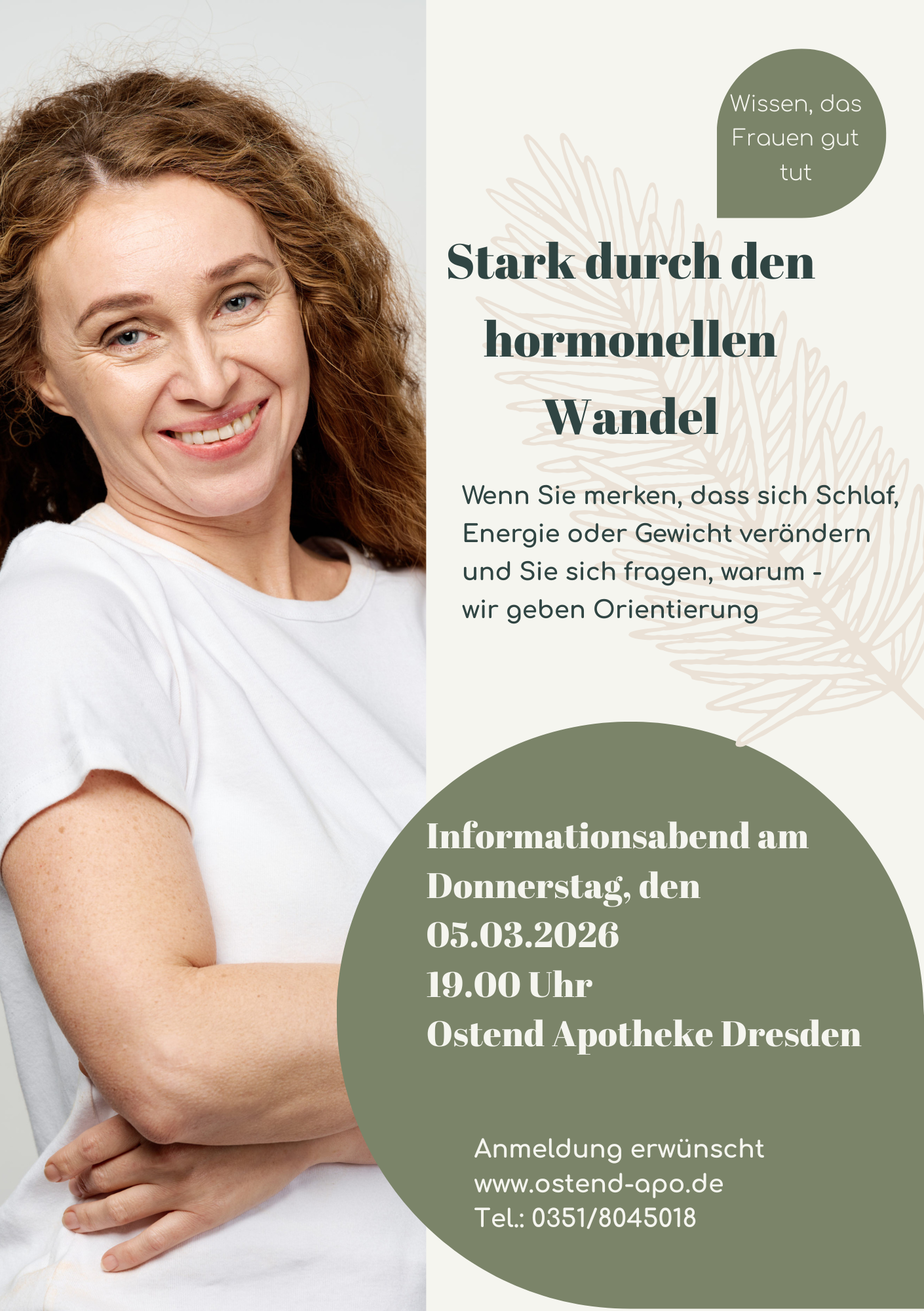 Woman smiling, event flyer: Hormonal change. Thursday, 03.08.2026 19:00 Uhr. Ostend Apotheke Dresden. Vortrag Hormoneller Wandel