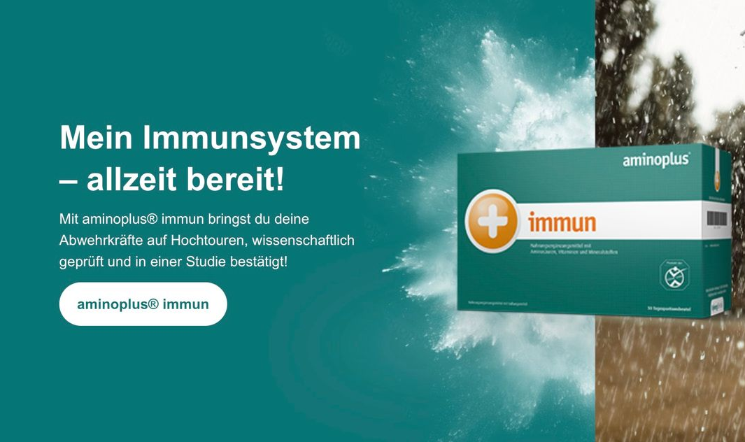 Copyright Kyberg Vital Werbung für Amino Plus Immun, mit Produktverpackung neben Text auf türkisfarbenem Hintergrund.