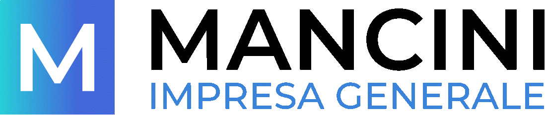 A blue and white logo for m mancini impresa generale