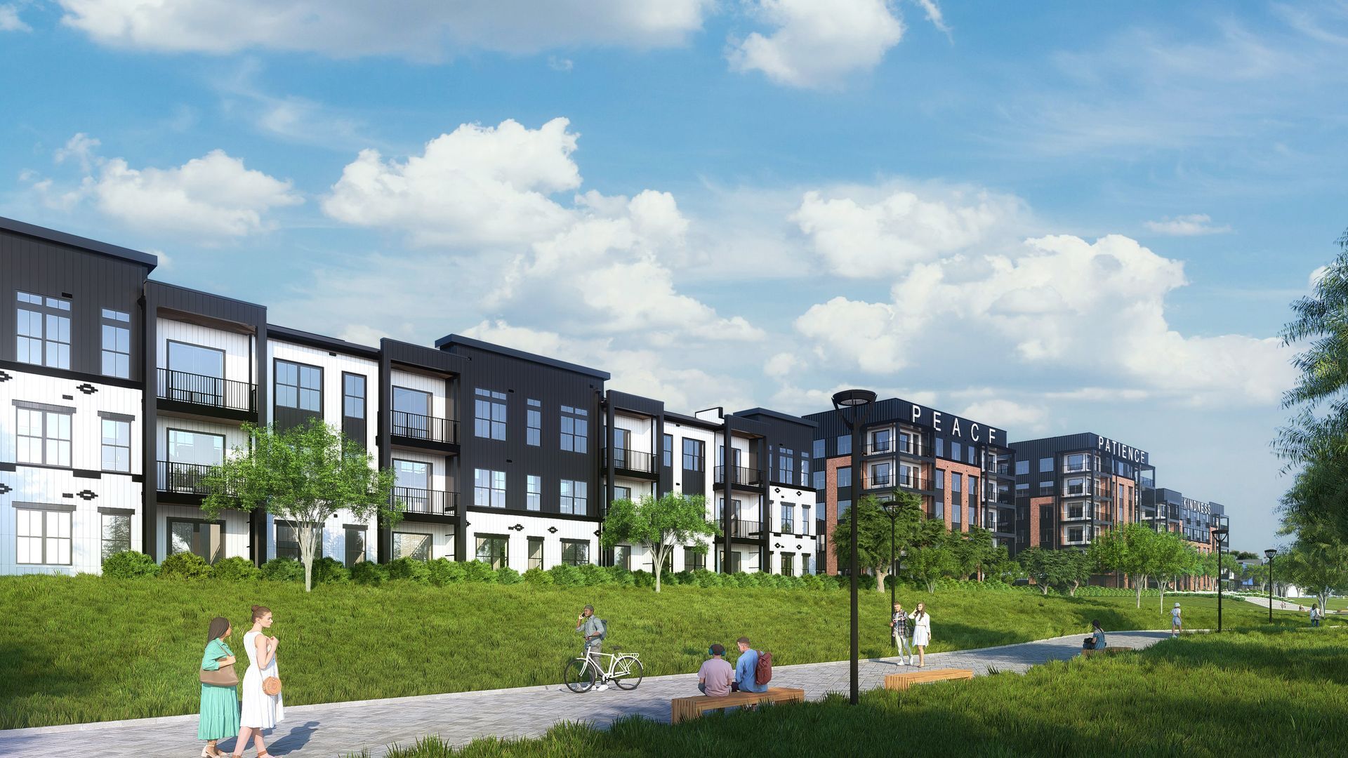 Modern apartment buildings along a grassy park with people walking and sitting under a blue sky