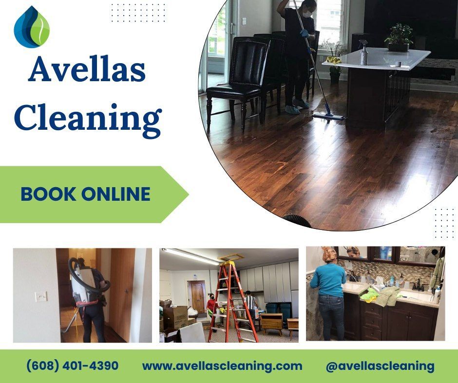 Avellas Cleaning ad: Cleaning service in a home. People cleaning different areas, with the company's logo and contact info.