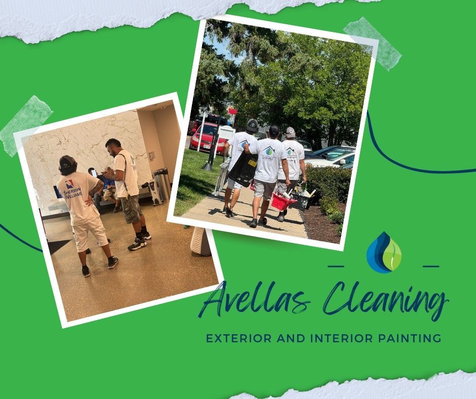 Two photos of Avellas Cleaning team painting. One indoors, one outdoors. Green background with logo.