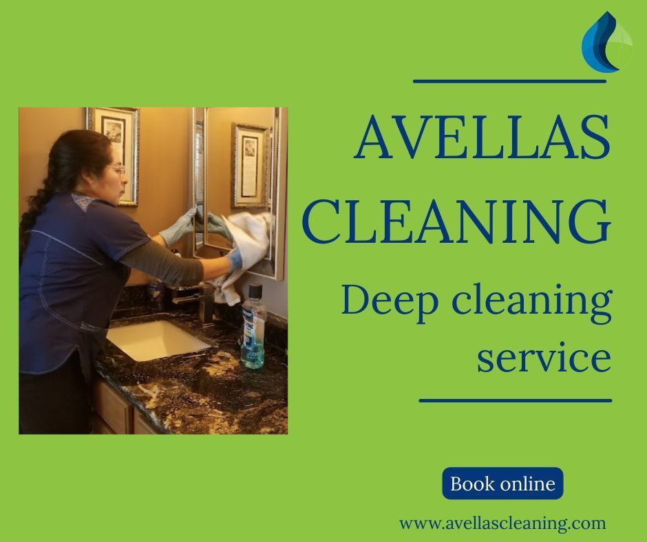 Woman cleaning bathroom sink with cleaning supplies.