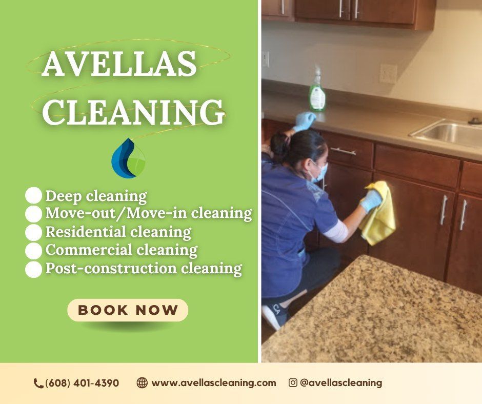 Cleaning service ad with a person cleaning cabinets, green background, and company logo.