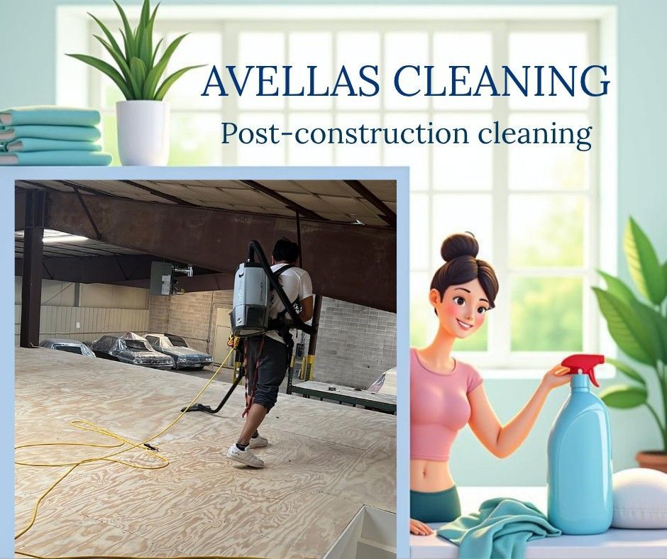 Avellas Cleaning ad: Person vacuuming construction site, cartoon woman with cleaner.