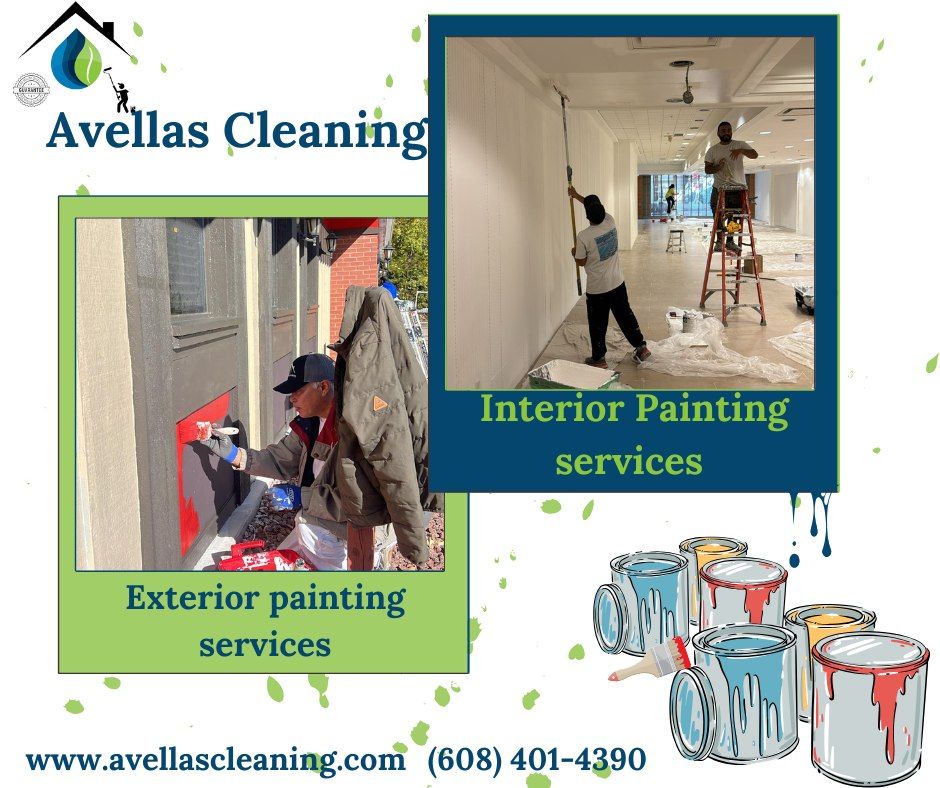 Avellas Cleaning services: Exterior and interior painting. Workers painting, with paint cans.