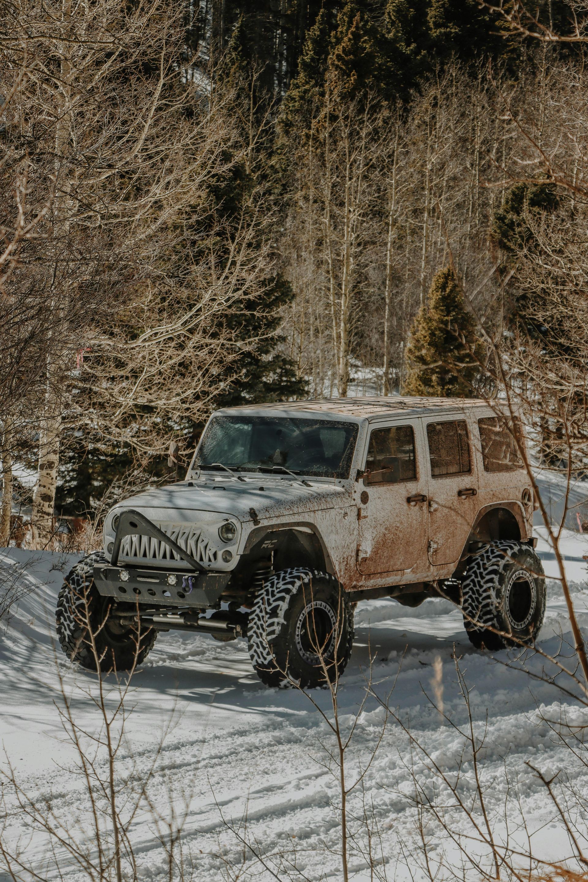 A white jeep is parked in the snow in the woods.
