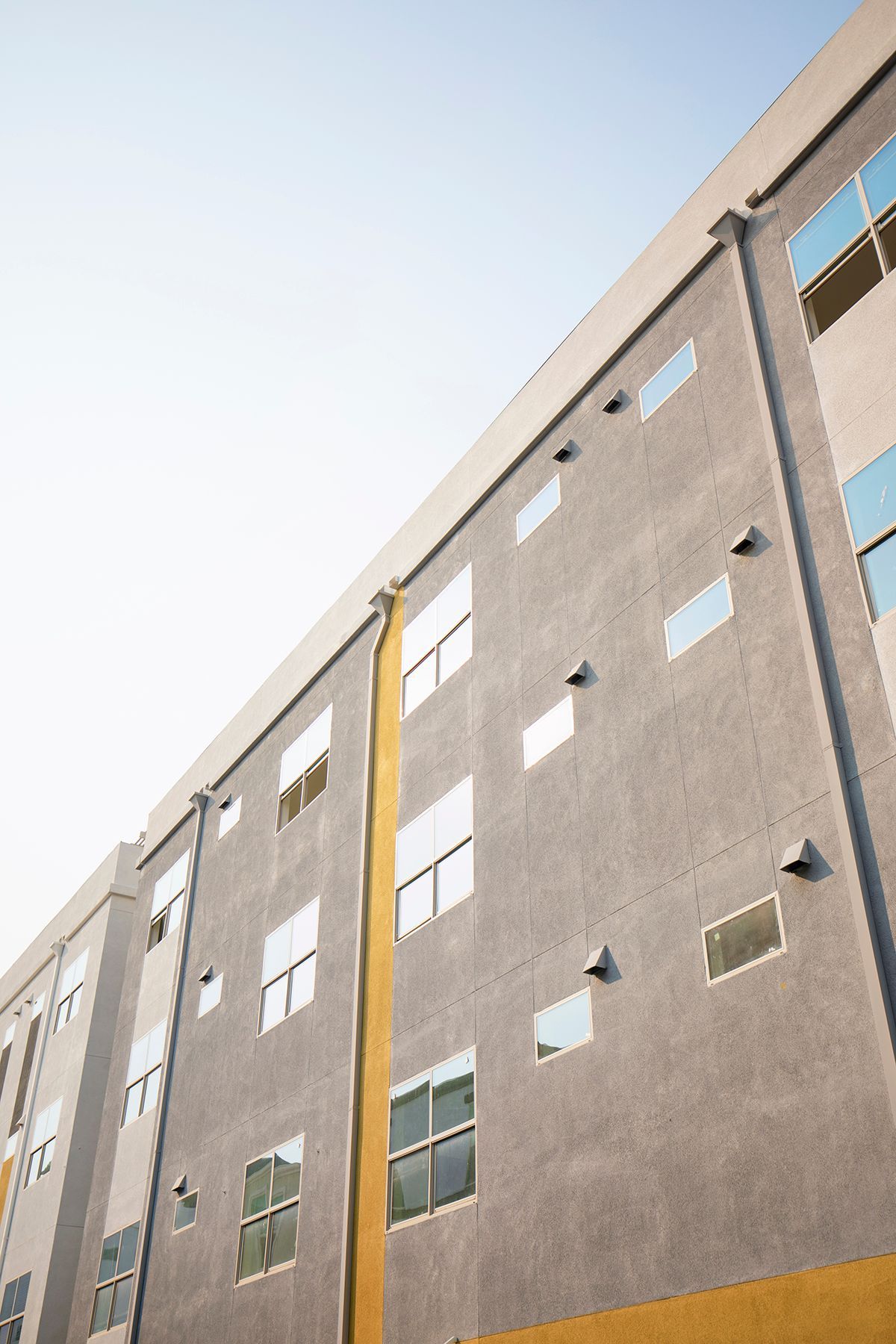 artistically rotated photo showing the building roofline going at a diagonal