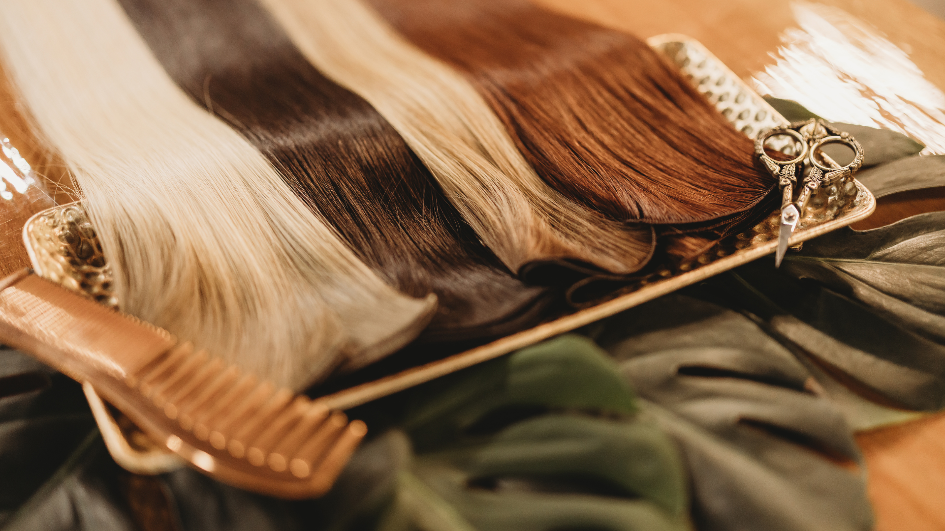 A tray of hair extensions and a comb on a table.