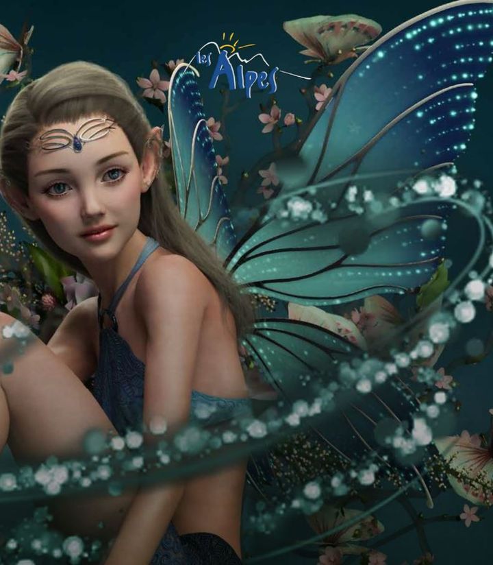 Un dipinto di una fata con la parola alpes in basso