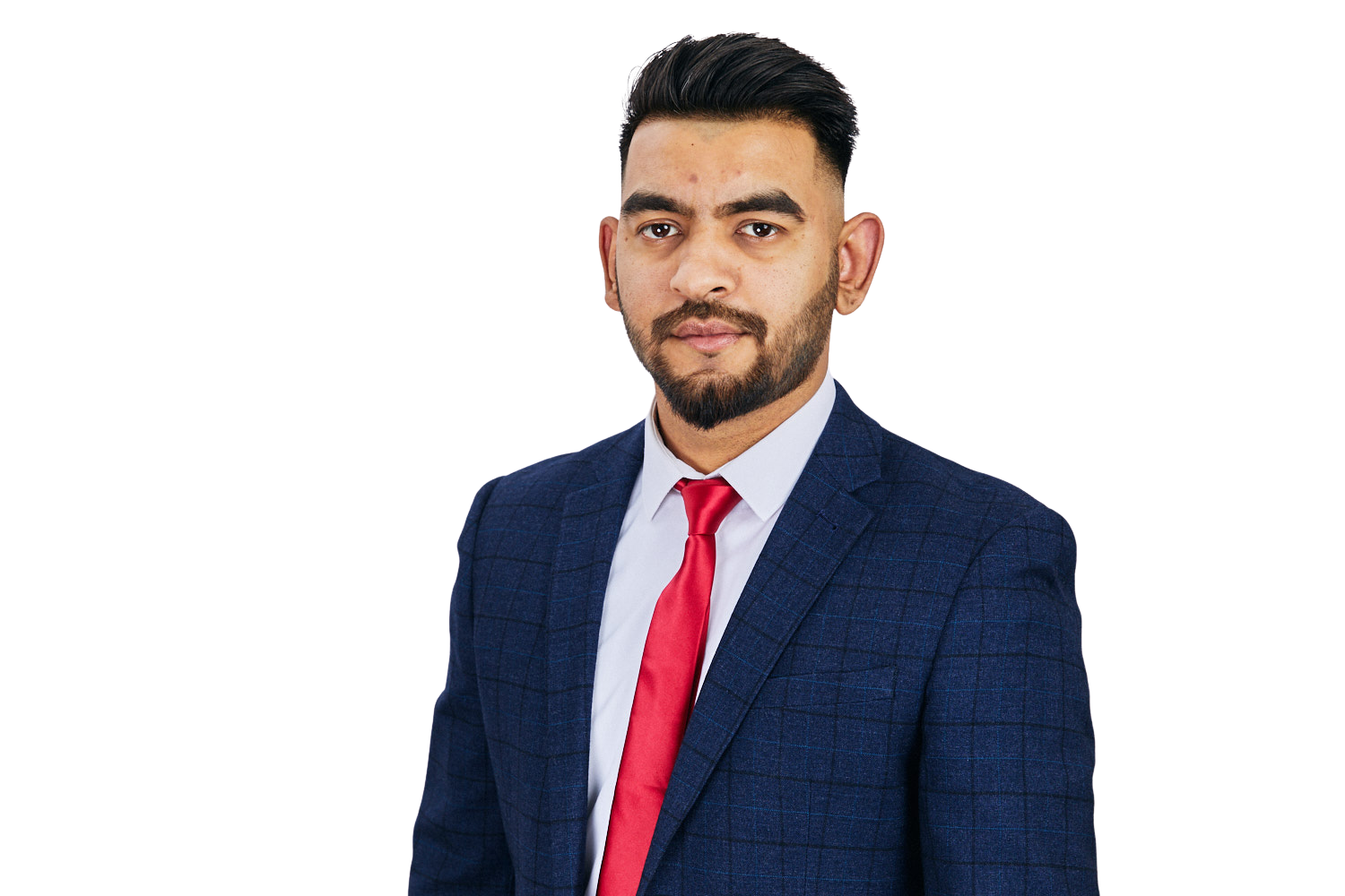 A man with a beard is wearing a blue suit and red tie.