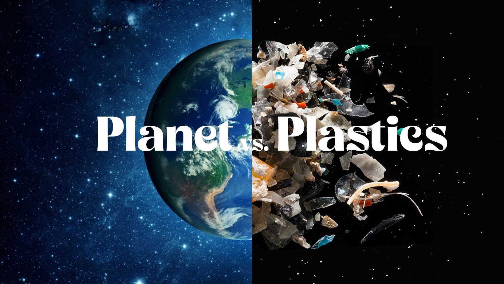 A poster for planet plastics showing the earth and plastics in space