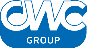 A blue and white logo for cwc group