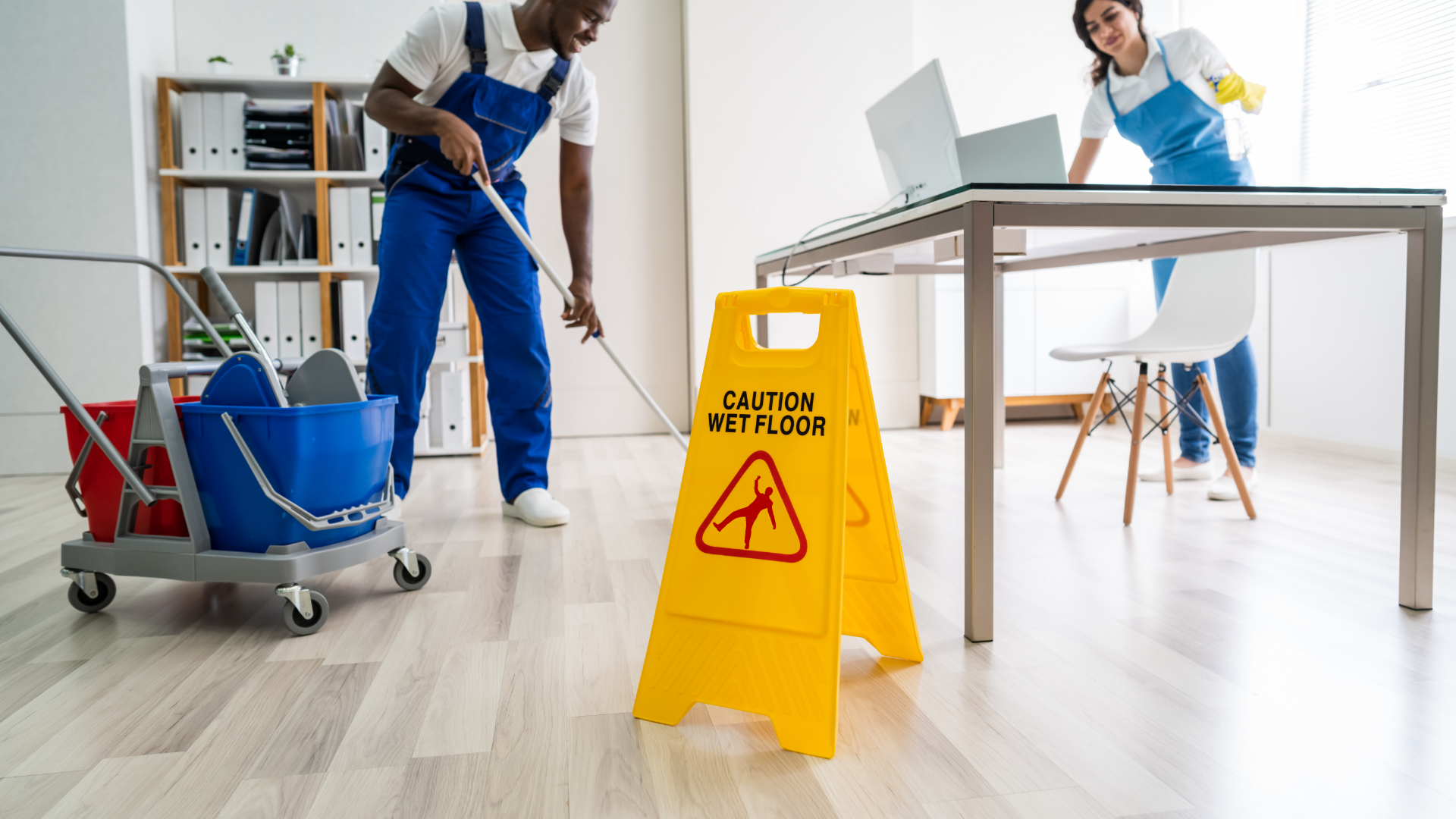 Two cleaners mopping an office floor near a wet floor sign; one woman is cleaning a desk.