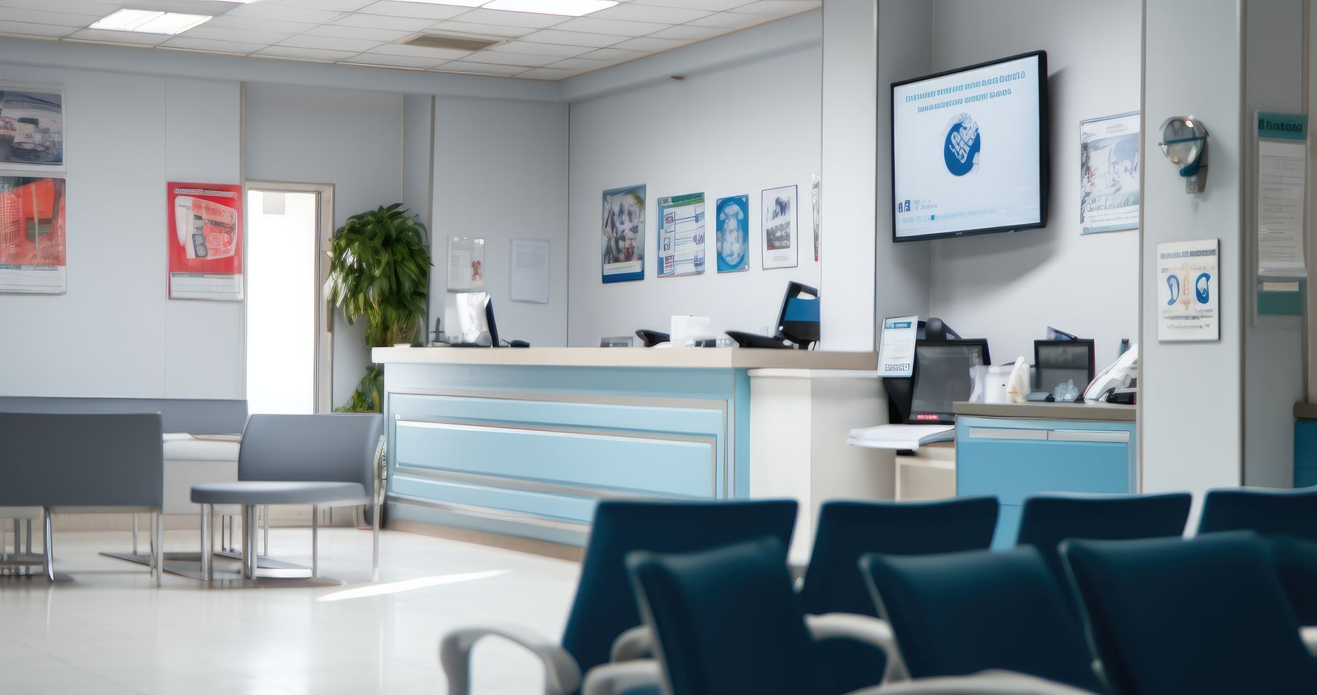 A clean medical waiting room with chairs and a tv on the wall