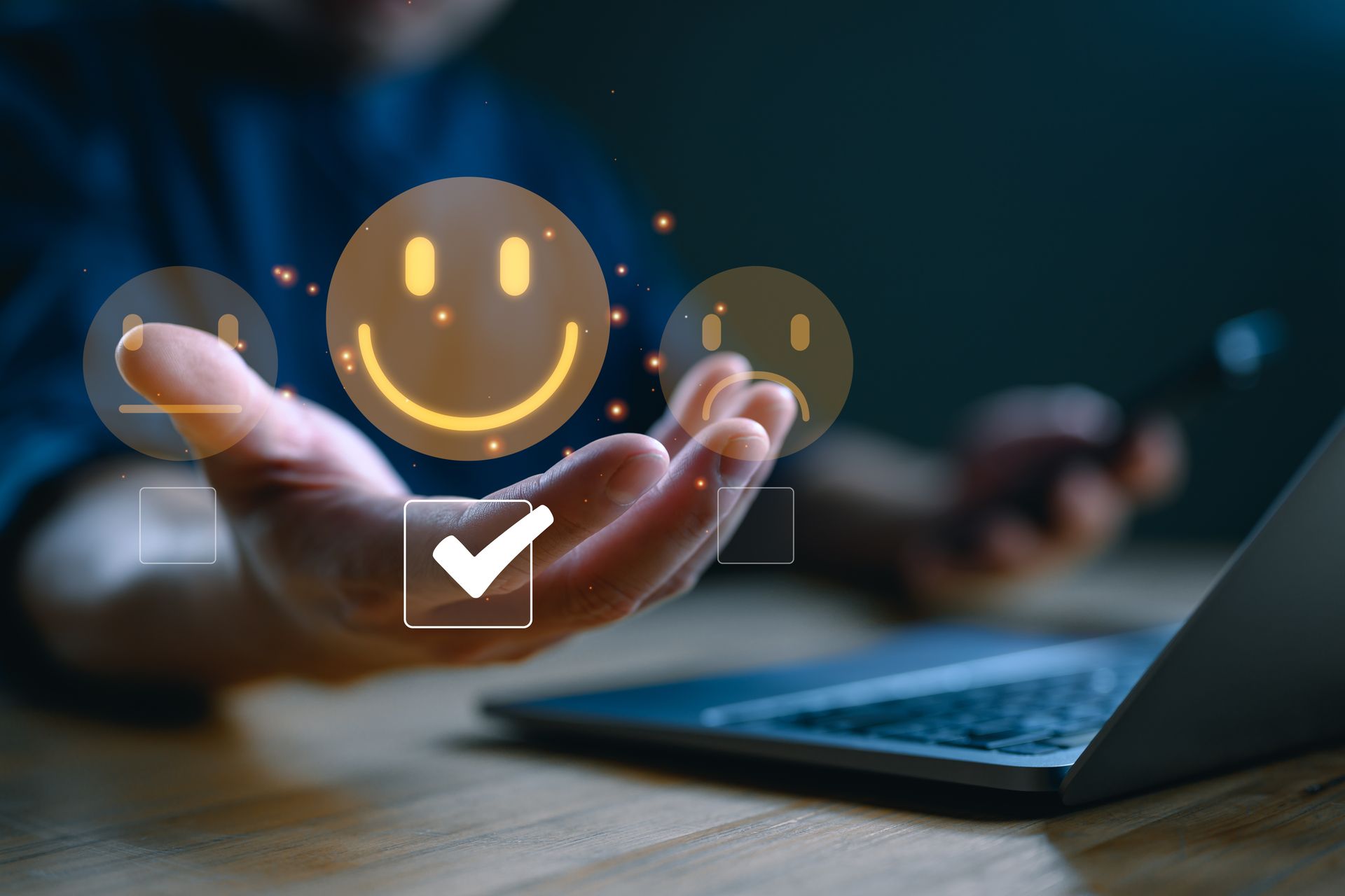 Positive survey results smiling face in a hand