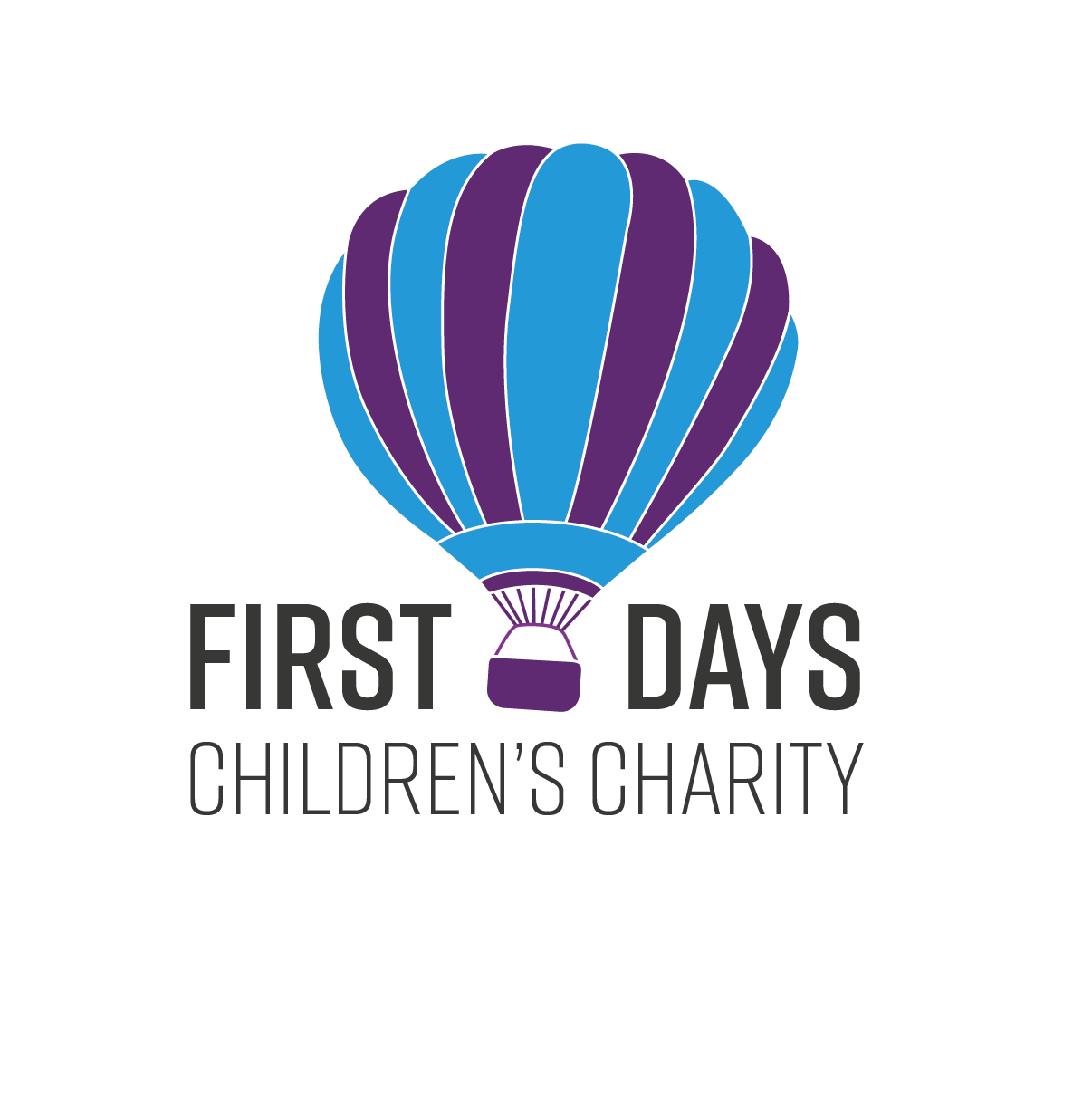 The logo for first days children 's charity shows a blue and purple hot air balloon.