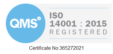 The logo for qms iso 14001 2015 registered