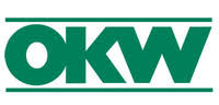 A green and white logo for okw on a white background.