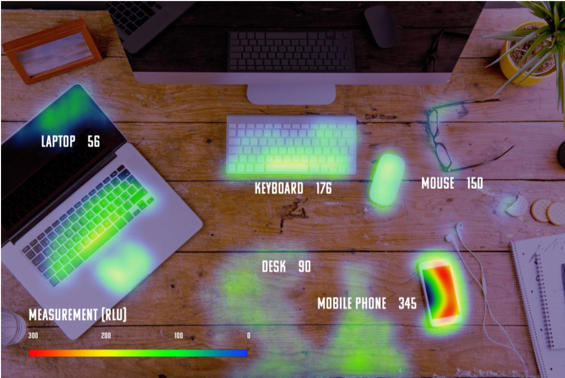 A computer monitor is sitting on a wooden desk next to a laptop