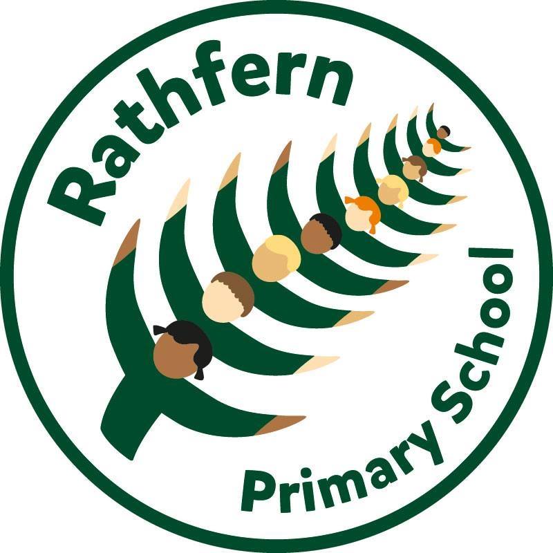 The logo for rathfern primary school is a leaf with acorns on it.