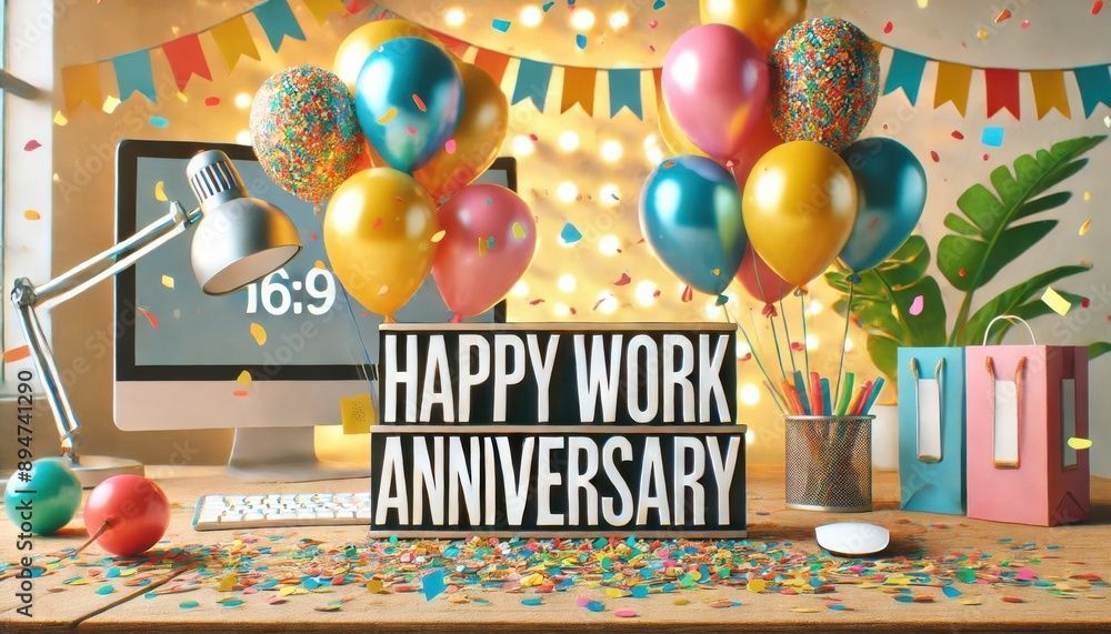 Happy Work Anniversary sign with balloons