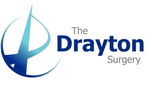 The word The Drayton Surgery is bold and blue with white background