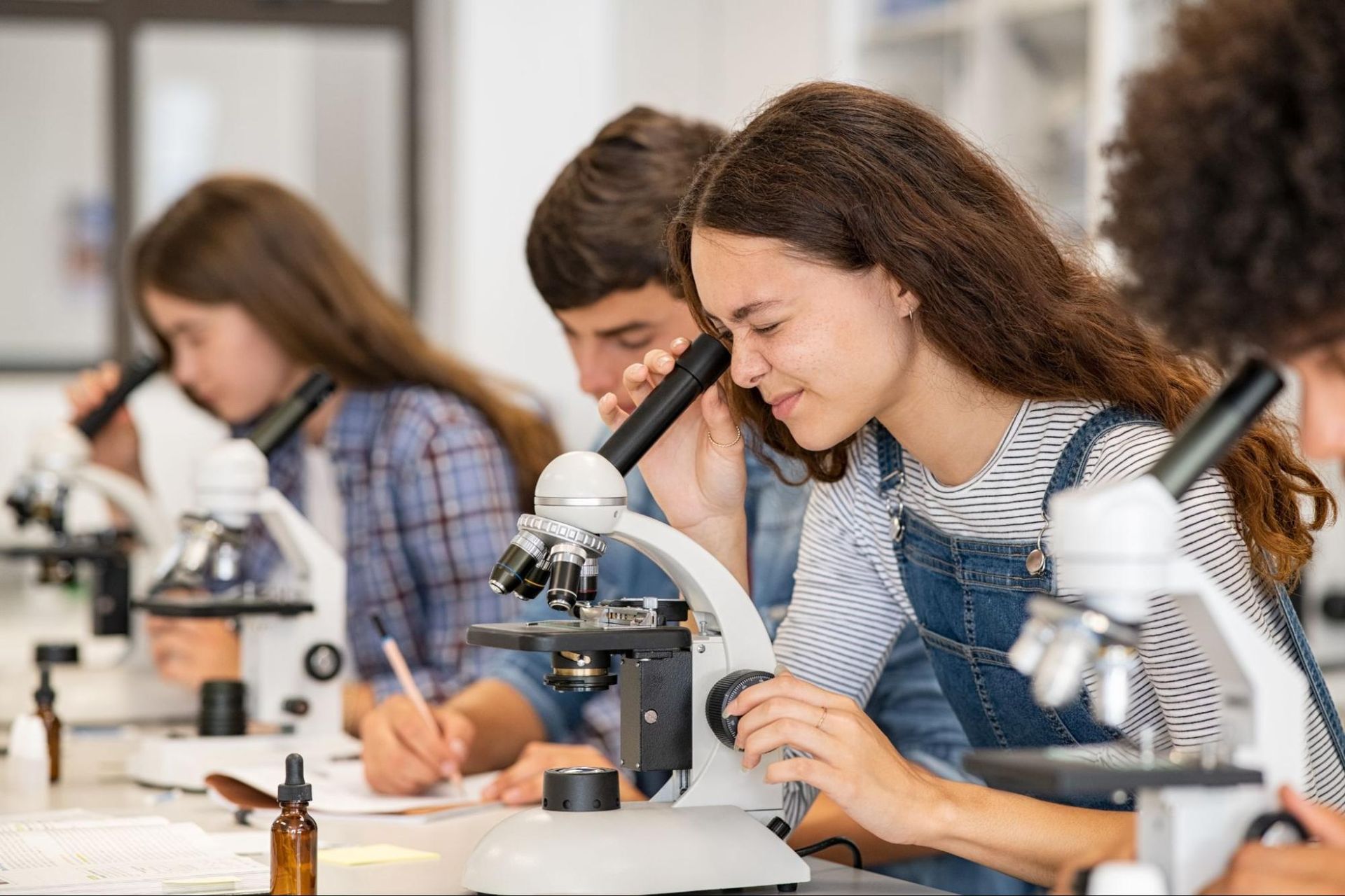 A group of students are looking through microscopes in a lab.