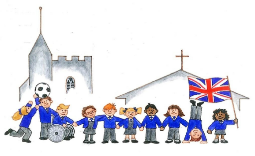 Drawing of children in front of church with UK flag
