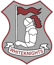 A shield with a knight holding a flag and the words whiteknights on it
