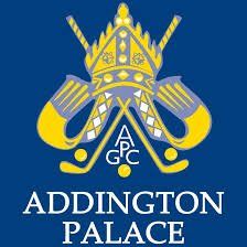 The logo for addington palace has a crown and crossed hockey sticks on a blue background.