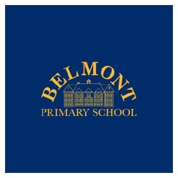 Belmont primary school logo on a blue background