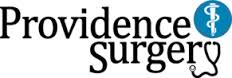 The logo for providence surgery is black and blue with a caduceus symbol.