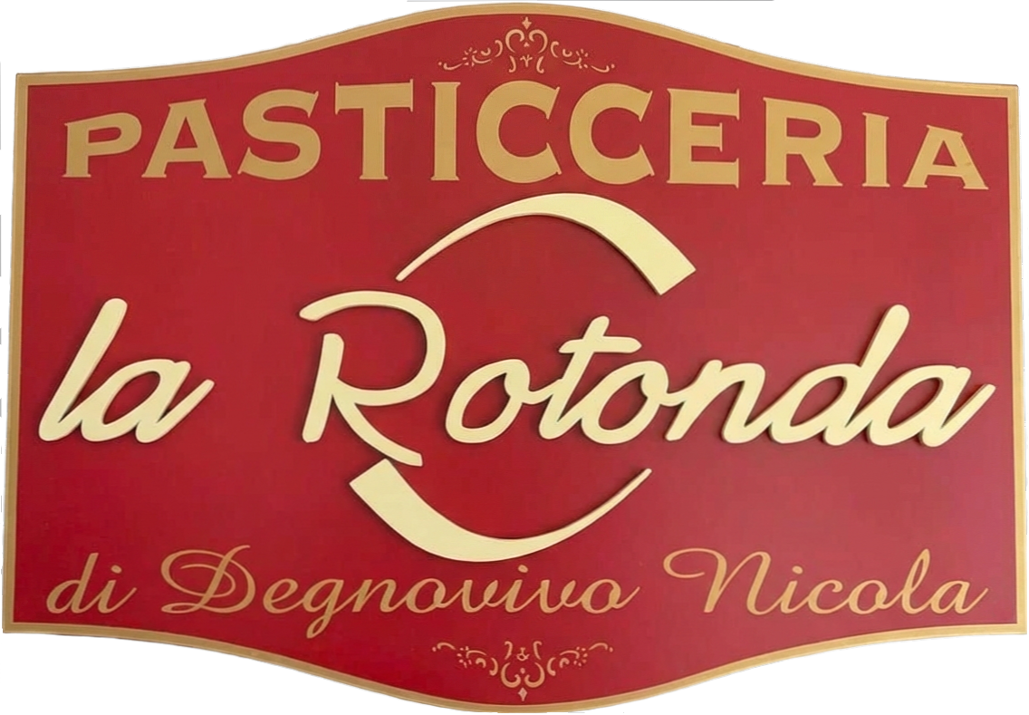 Sign for "Pasticceria La Rotonda" in gold lettering on a red background; bottom text says "di Degnovivo Nicola."