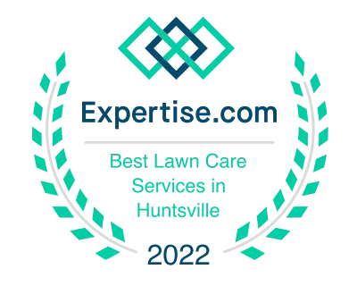 Expertise.com award badge: Best Lawn Care Services in Huntsville, 2022. Green and teal design with logo and text.