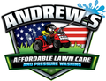 Andrew's Affordable Lawn Care logo with a cartoon character on a red lawnmower spraying water. Green text and grass surround the image.